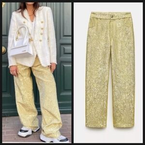 NEW ZARA MID-RISE COLLECTION SHIMMERY TROUSERS PANT GOLDEN